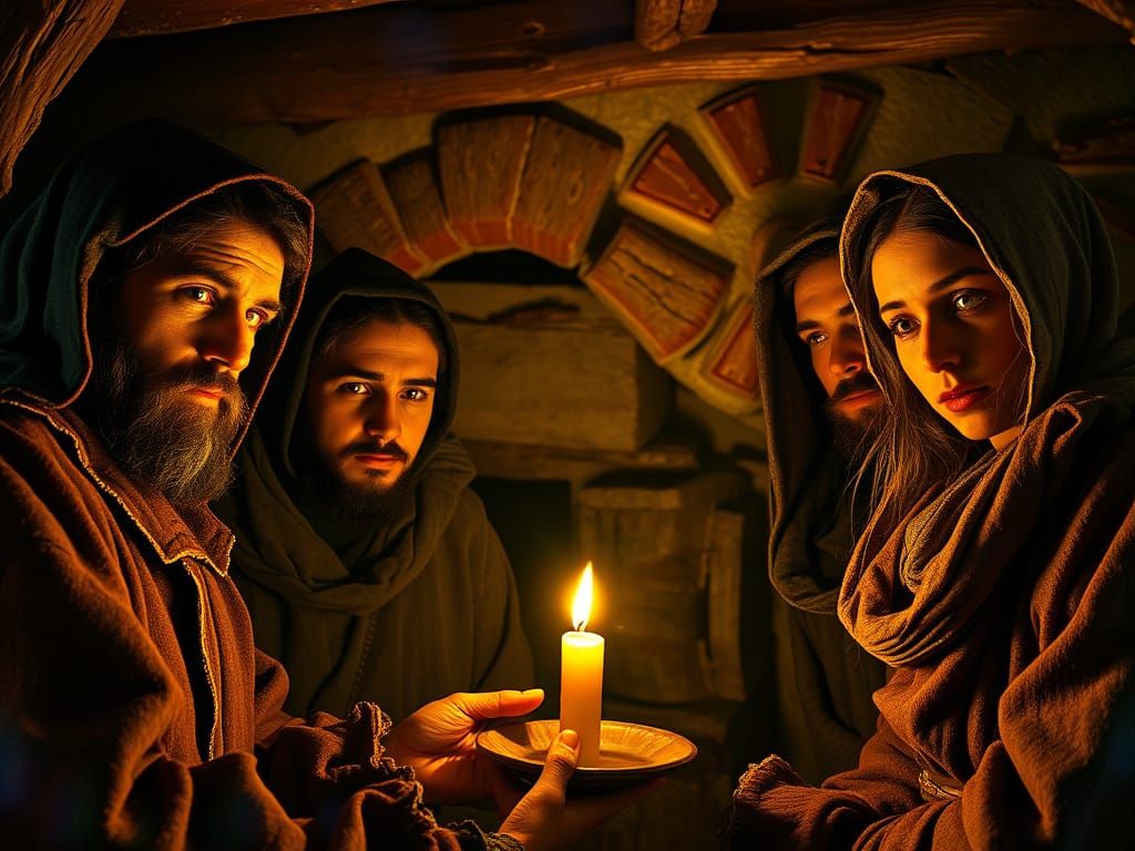 Warmly Lit 16th Century Family Scene in Earthy Tones with Tr...