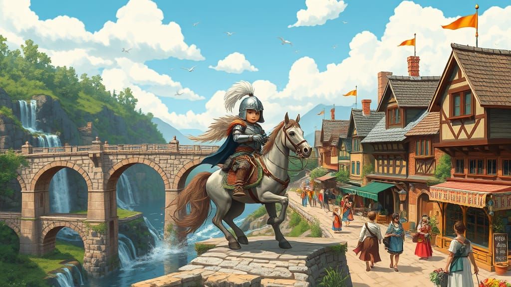 Whimsical Warrior Approaches Quaint Village in Bright Blue S...