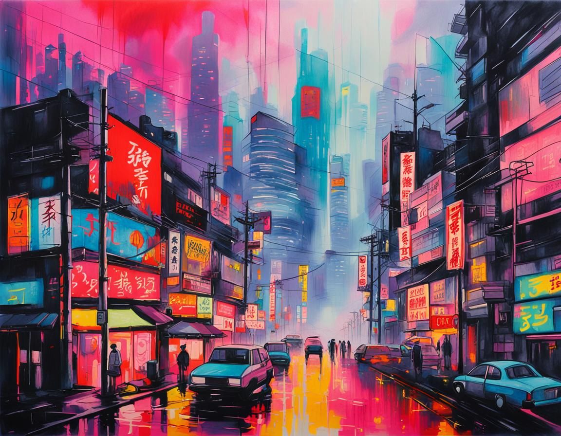 Neon Tokyo Skyline in Pop Art Expressionism