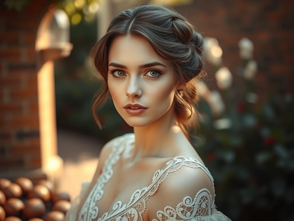 Elegant Woman in Whimsical Garden Setting