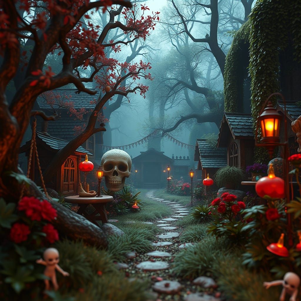 Creepy Garden in 3D Game Cinematic Style