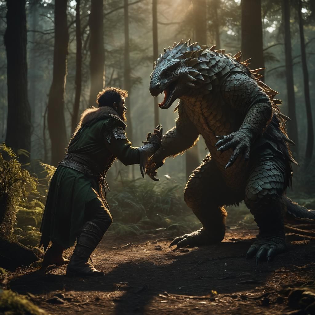 Pangolin-Orc Monster Battles Elf in Dark Forest