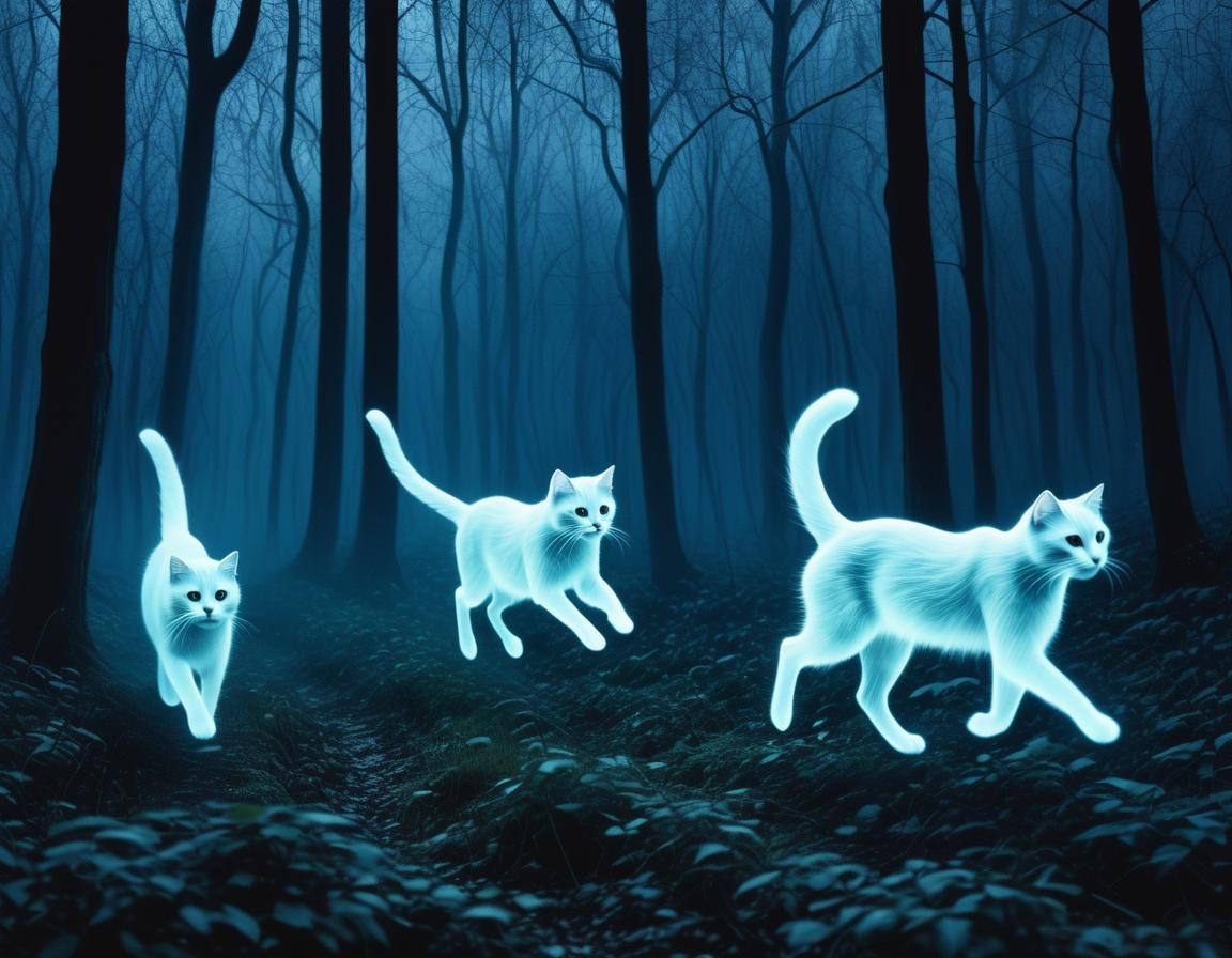 Translucent Ghost Cats in Night Forest