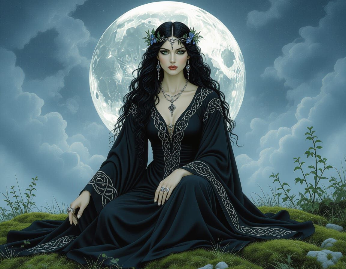 Woman in Black Robes Under Silver Moon