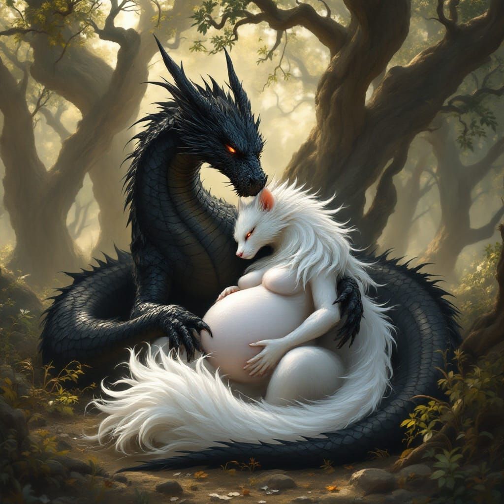 Majestic Black Dragon Guards White Kitsune in Enchanted Fore...