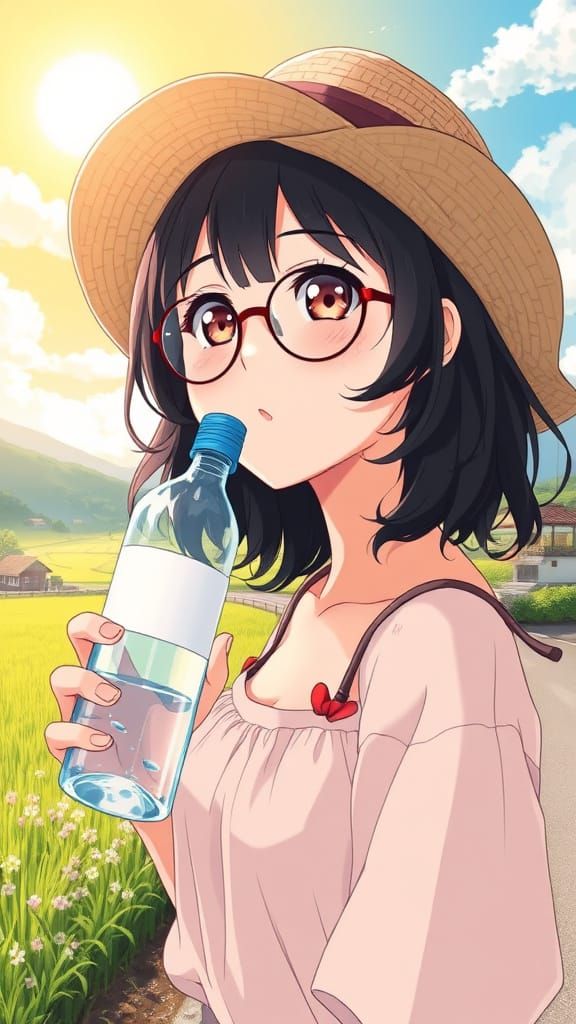 Anime Woman Drinks Water Under Summer Sun