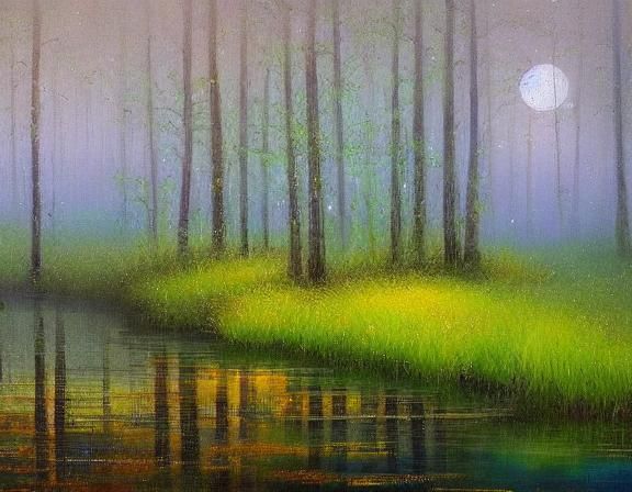 Mystical Moonlit Lake and Forest Landscape