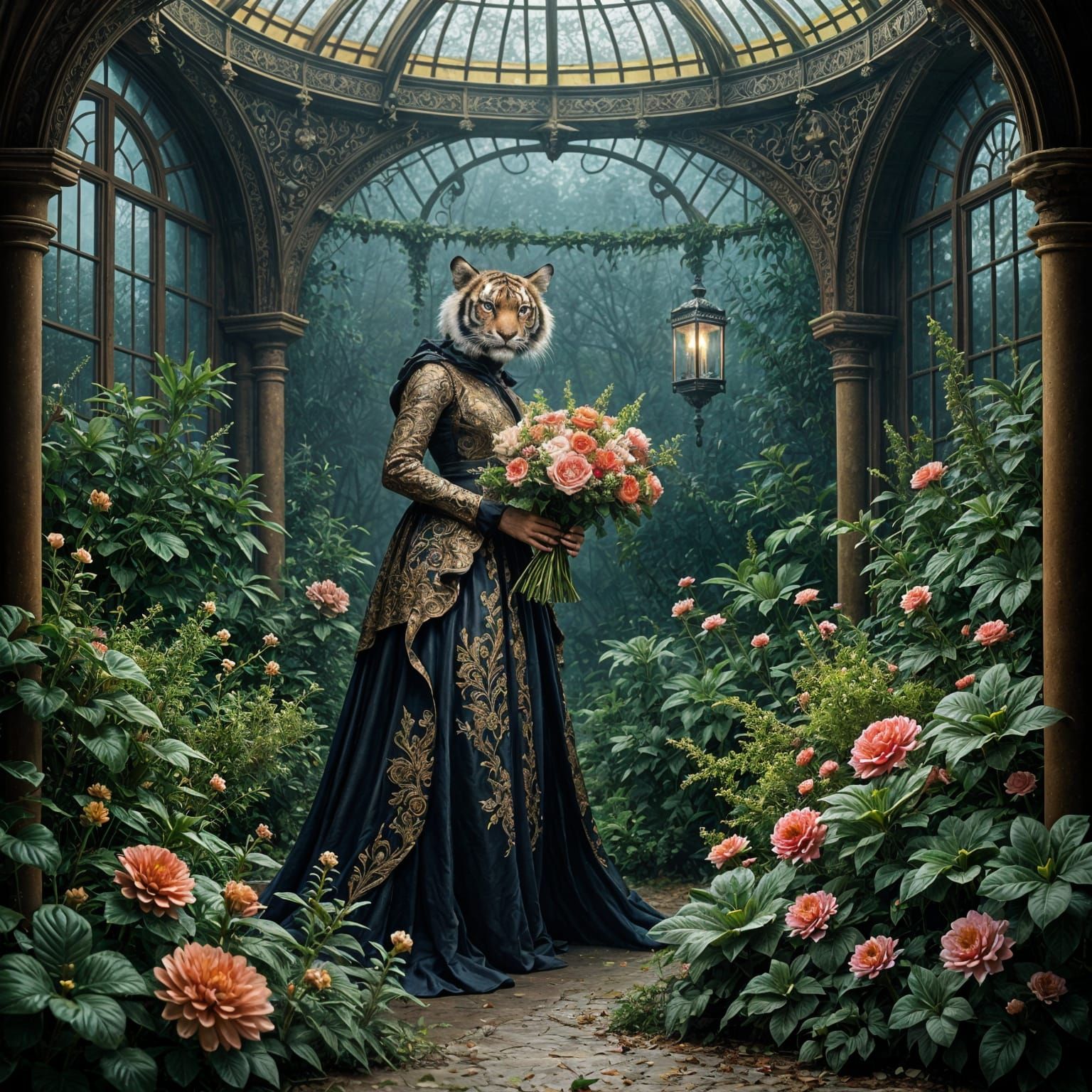 Victorian Tigress Tends Magical Conservatory Garden