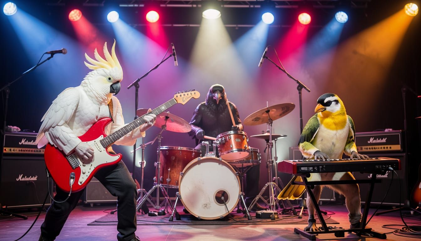 Avian Rock Band Performs with Energy