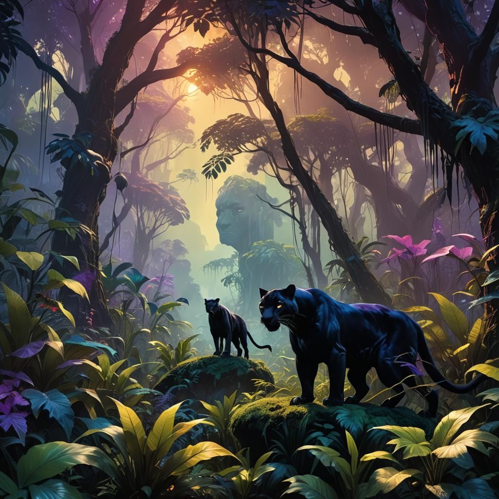 Black Panther in a Surreal Dream Jungle