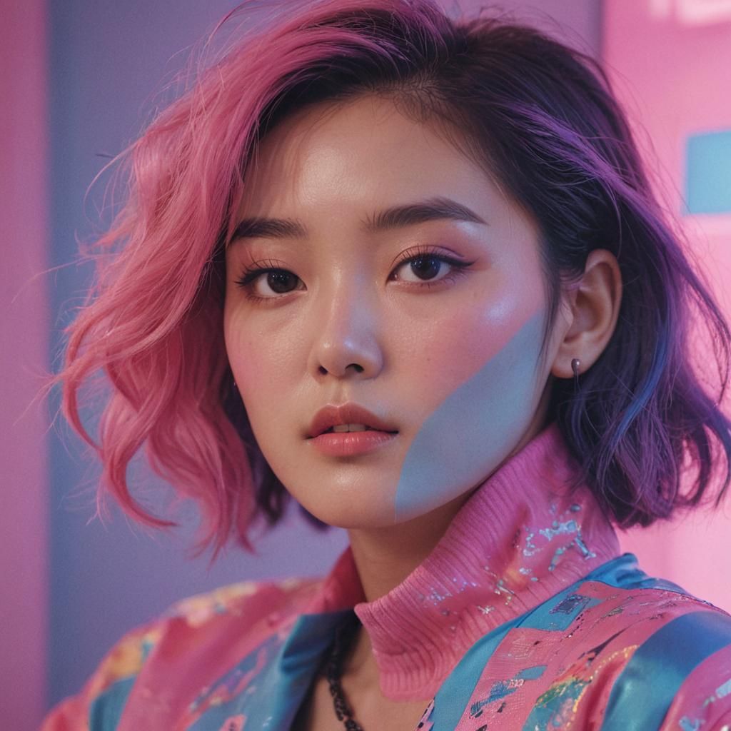 Vibrant Korean Pop Art Portrait with VHS Distortion