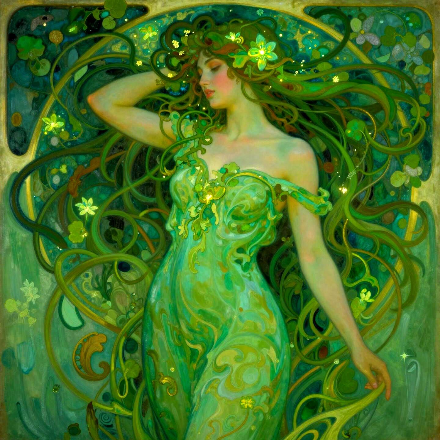 Art Nouveau Woman in Emerald Tones with Bioluminescent Flowe...