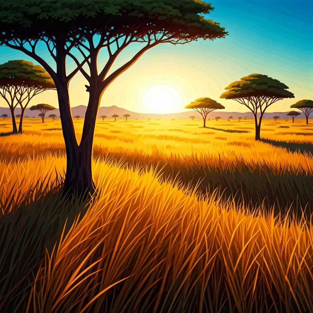 Surreal African Landscape with Vibrant Textiles and Expressi...