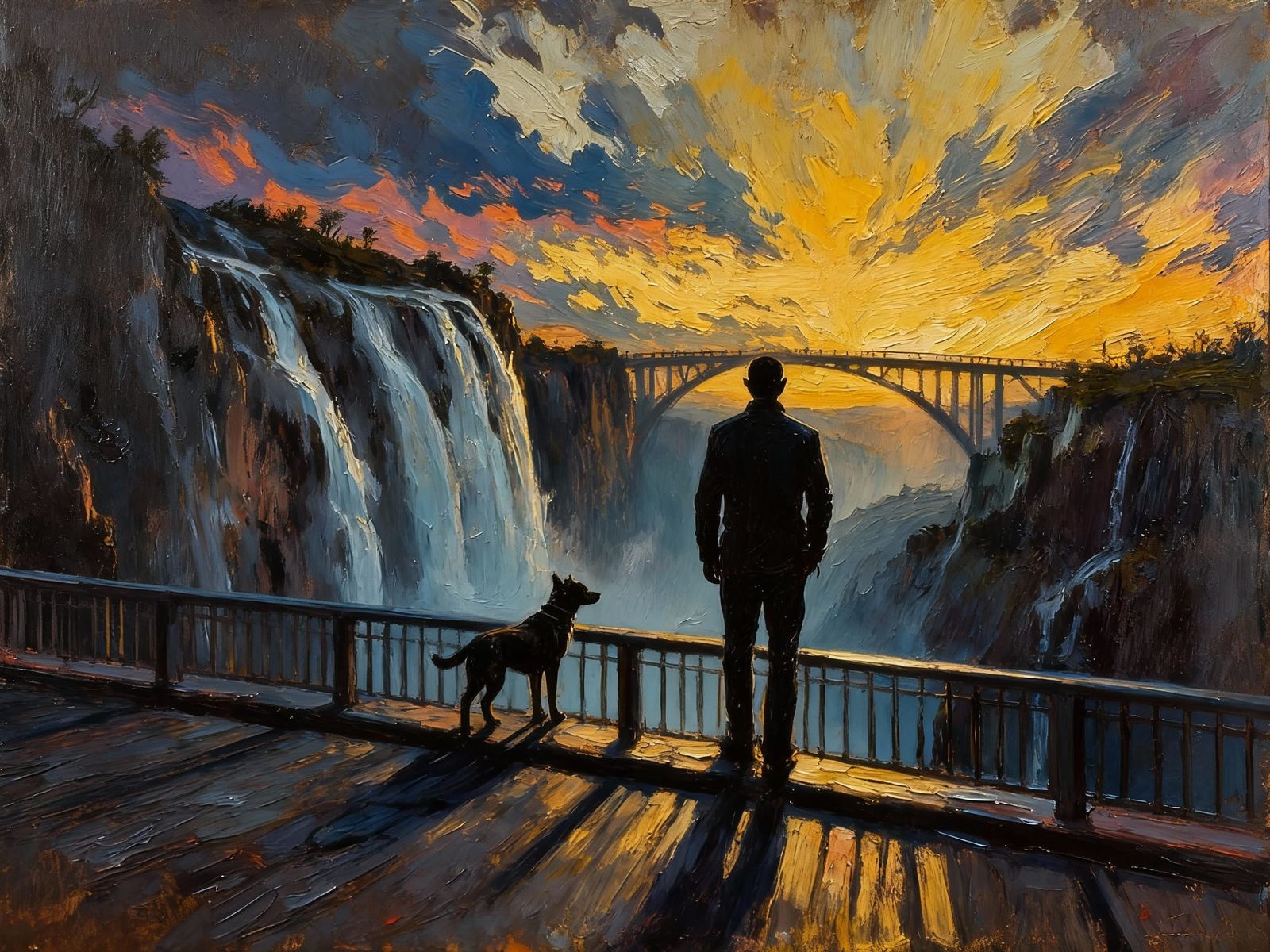 Man and Dog on Victoria Falls Bridge at Dusk
