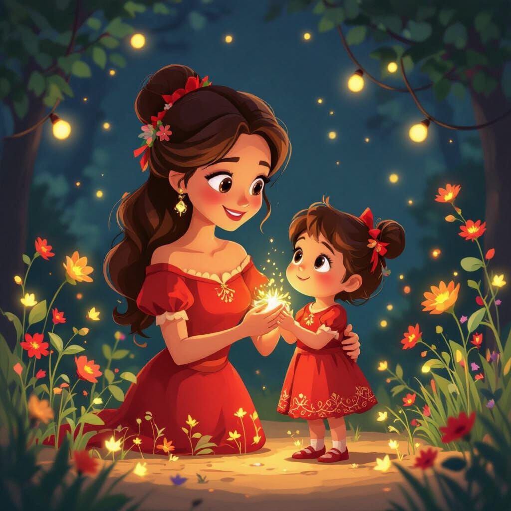 Enchanting Pixar-Ghibli Style Illustration of Mother and Chi...