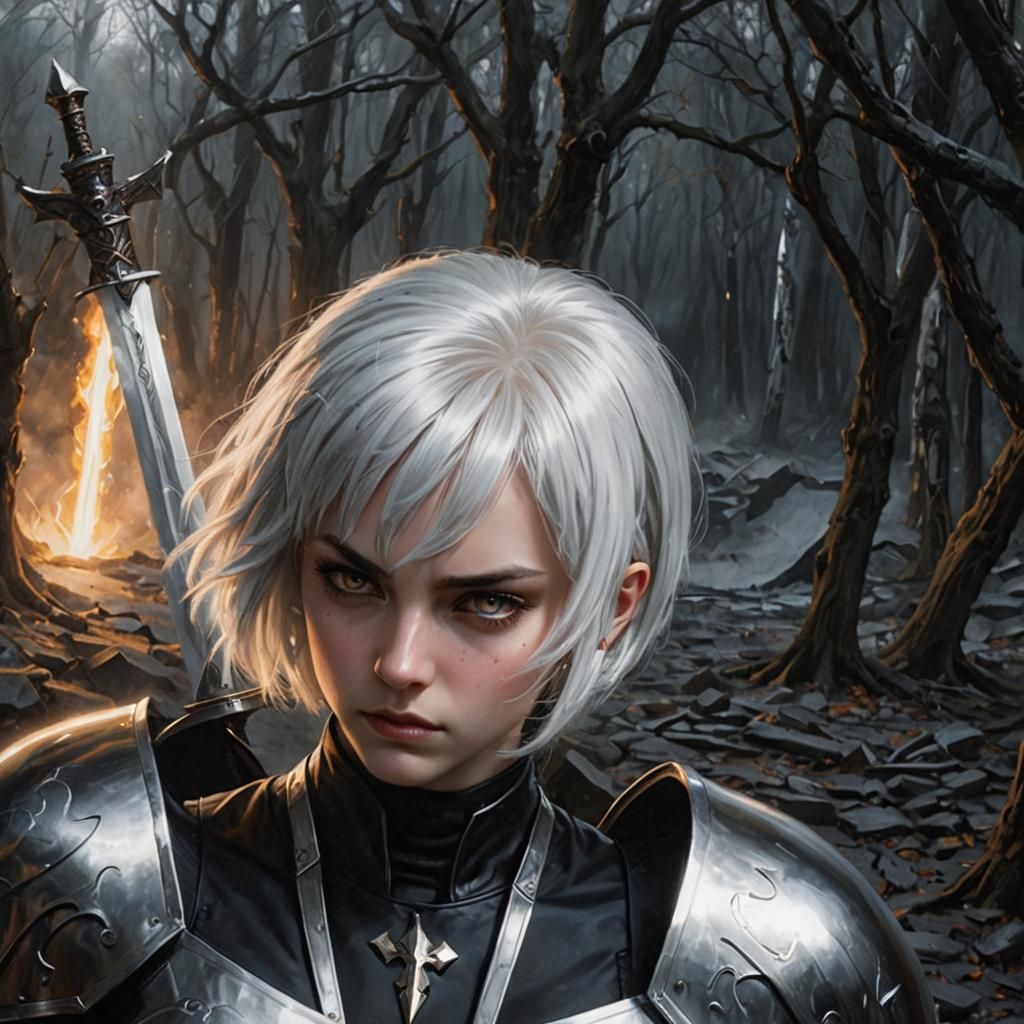 Girl with Silver Eyes in Dark Metallic Armor