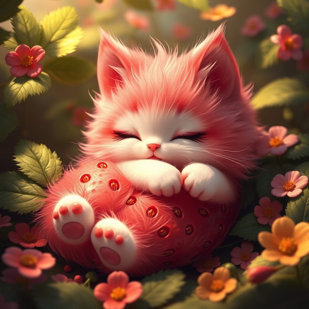 Whimsical Kitty-Strawberry Hybrid in Dreamlike Setting