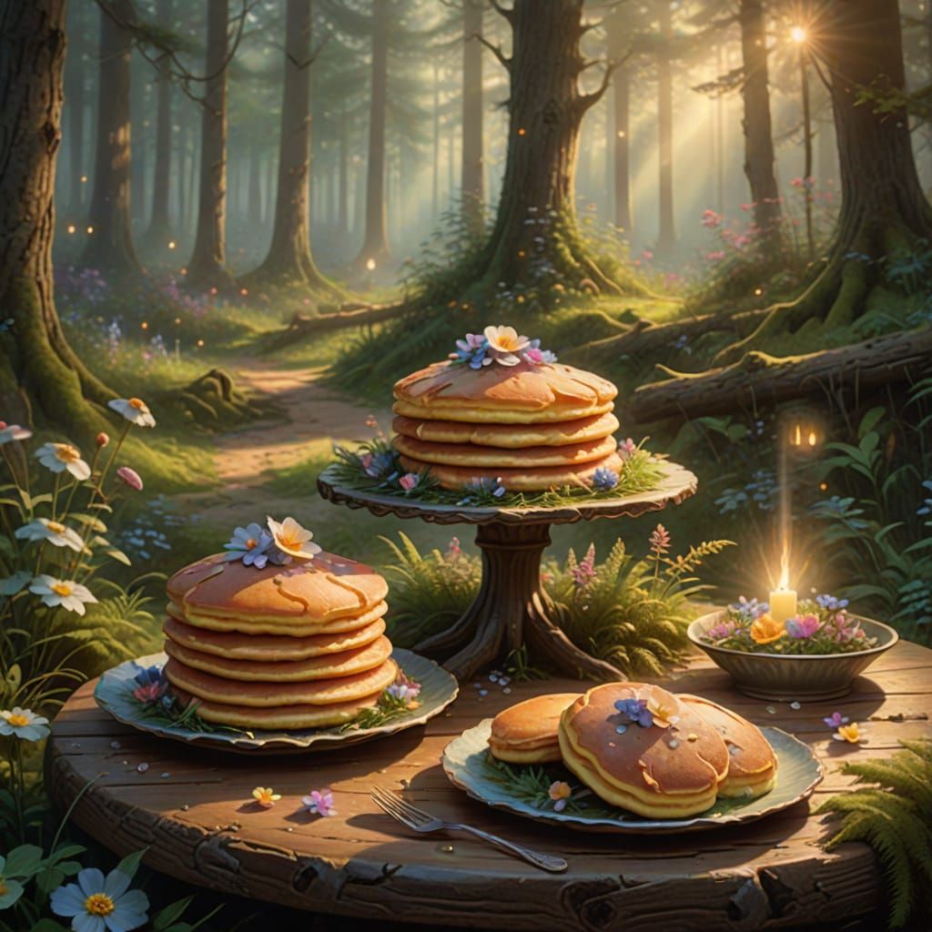 Hoe Cakes in Misty Forest, Kinkade Style