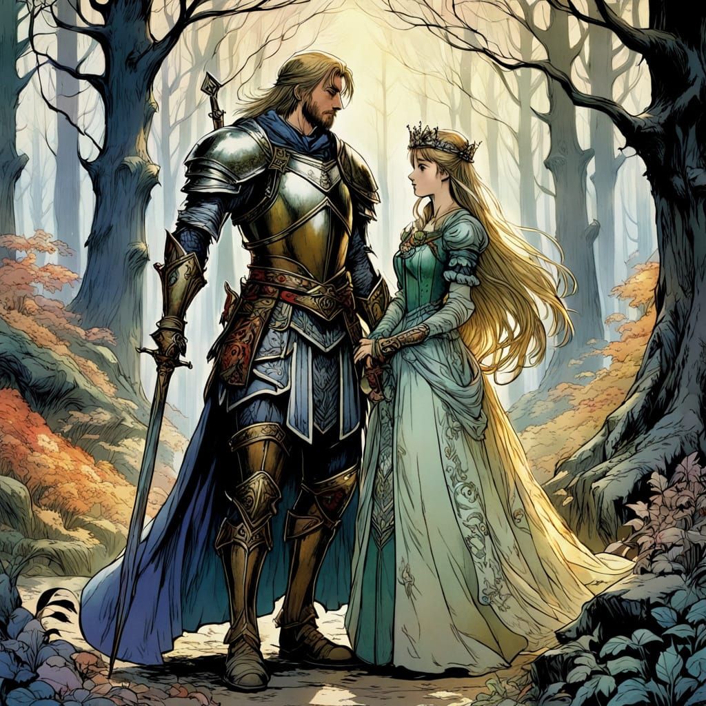 Paladin and Princess in Enchanted Forest, Anime Style
