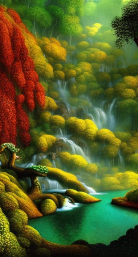 Surreal Waterfall Forest in Pointillist Style