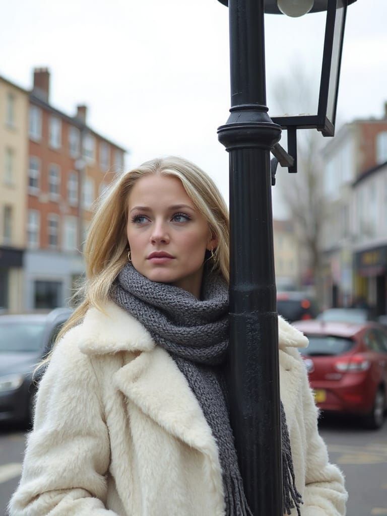 Blonde Woman in Fur Coat Leaning on Lamppost