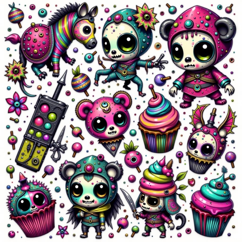 Vibrant Flash Tattoo Sheet with Ninja Zebra and Samurai Frog