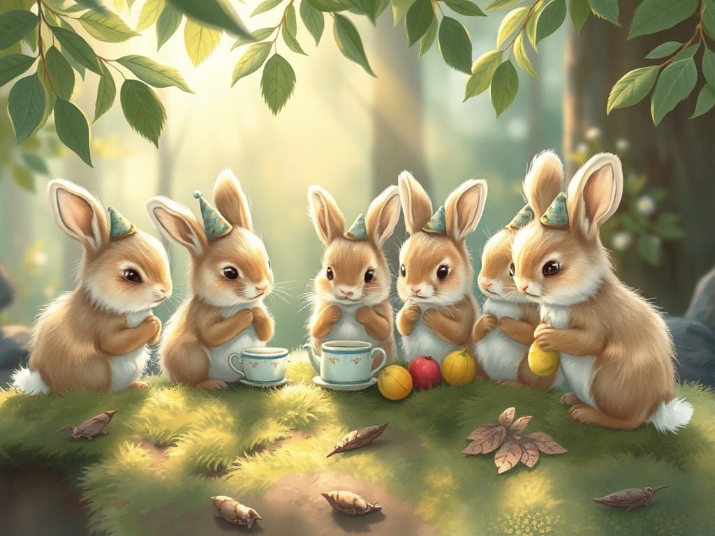 Whimsical Rabbits Tea Party in Enchanted Forest