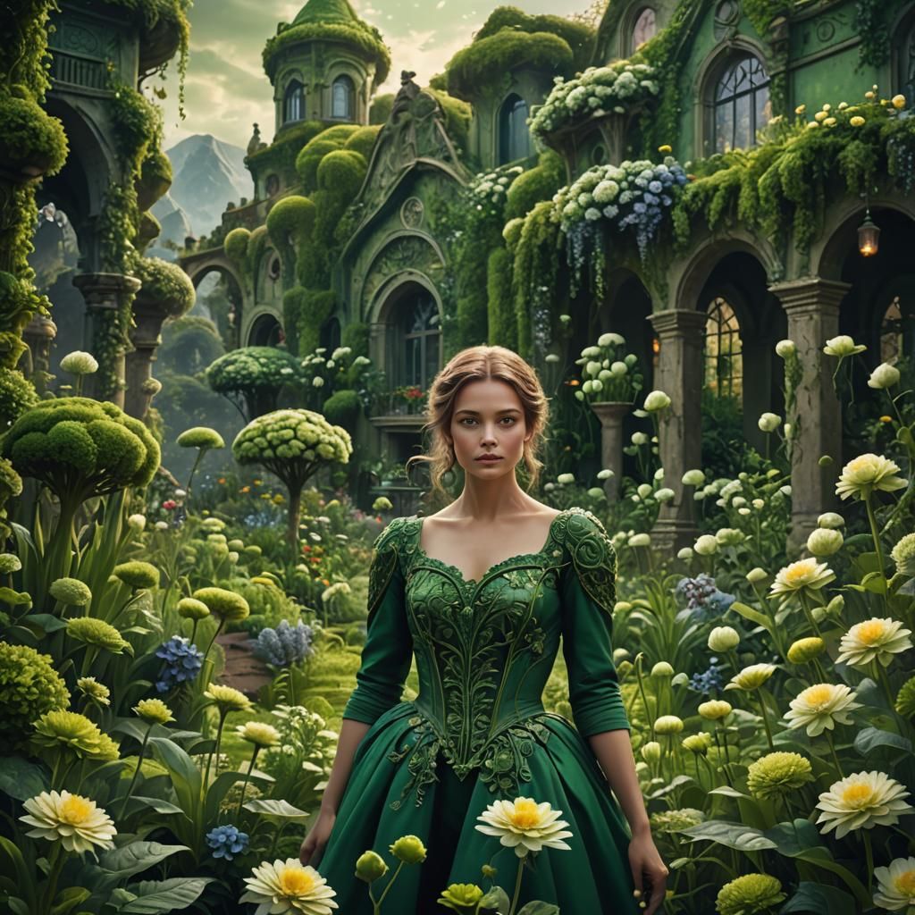 Beautiful Woman in Green Flower Garden: Digital Painting