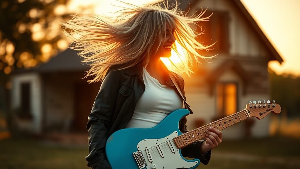 Blonde Rockstar Playing Guitar at Sunset