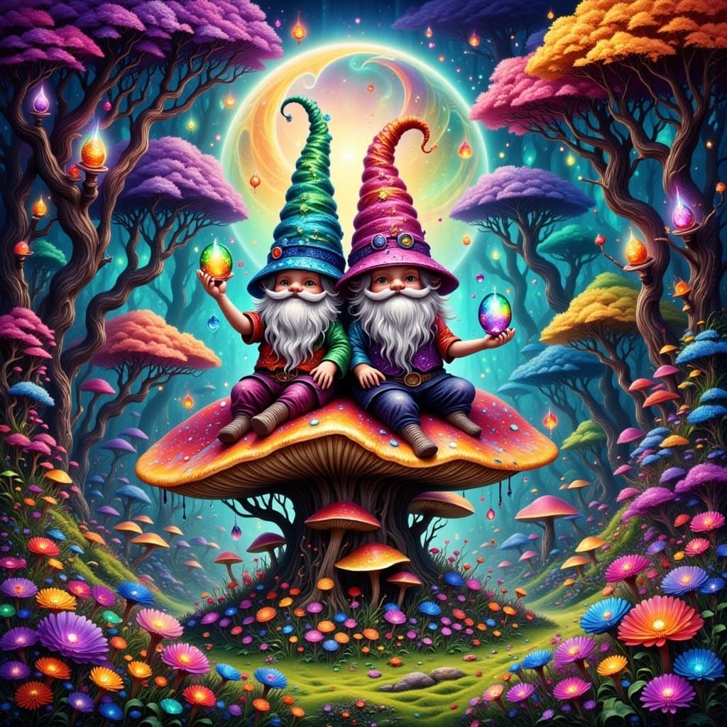 Gnomes and Fairies in Vibrant Forest Mushroom Scene