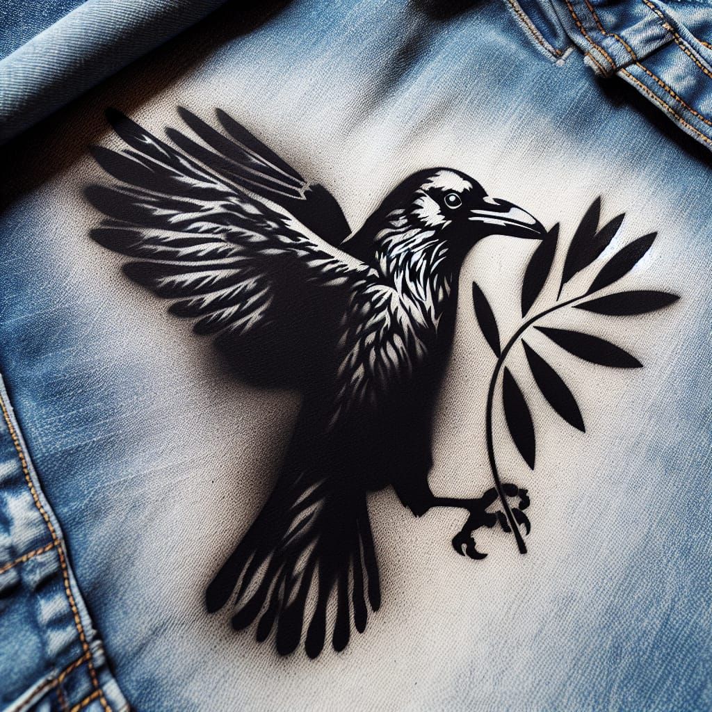 Black Raven Sprayed on Denim in Stencil Art