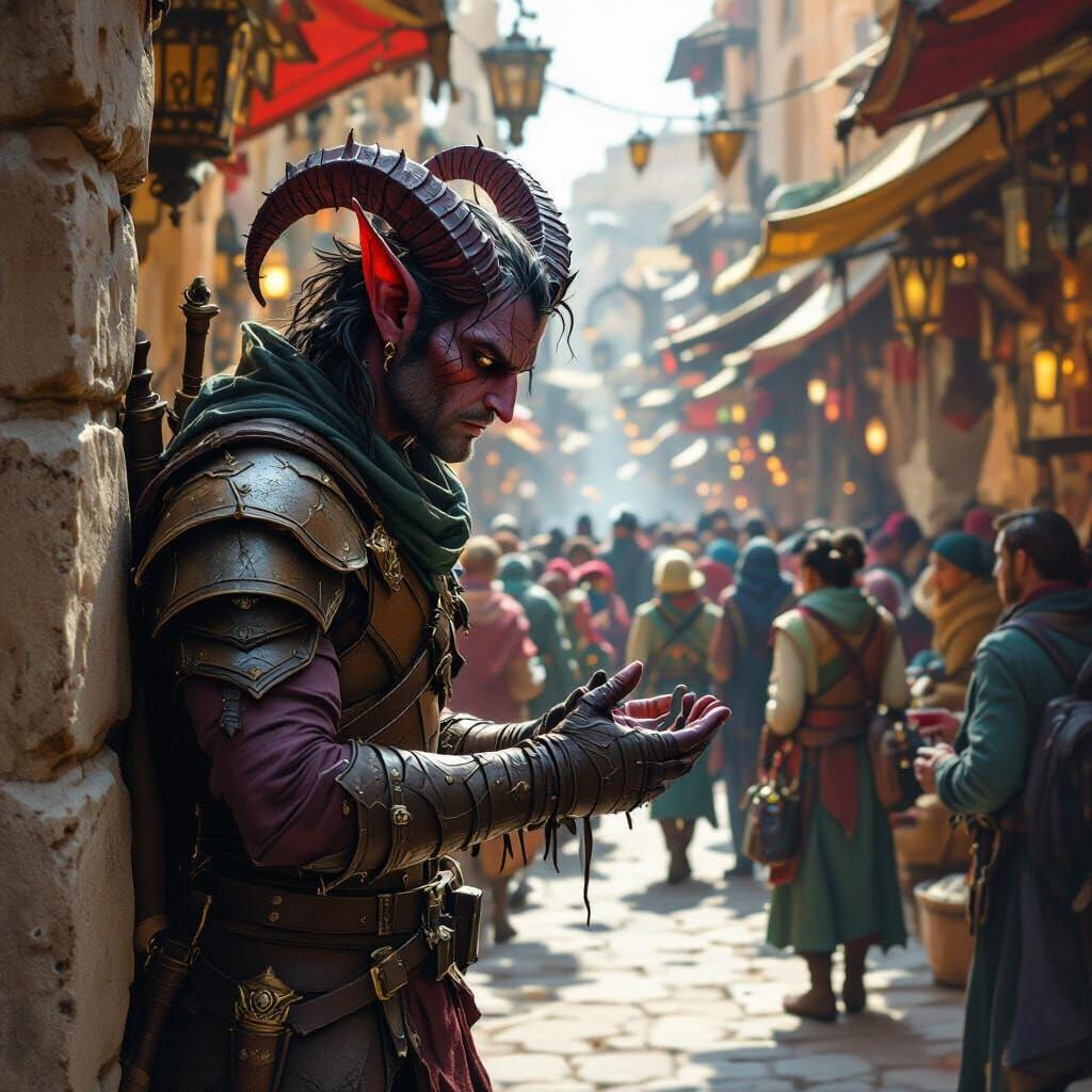 Tiefling Thief in Crowded Bazaar, Detailed Matte Painting