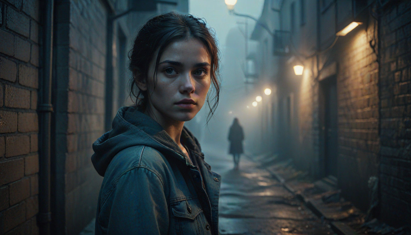 Mysterious Woman in Foggy Alleyway