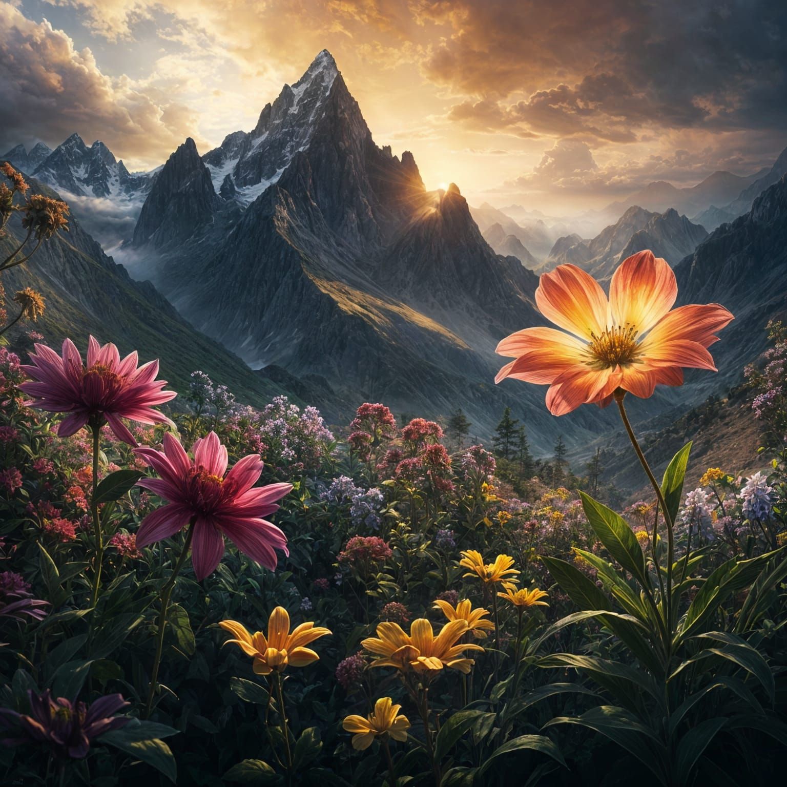 Cinematic Flower Between Mountains in Digital Matte Painting