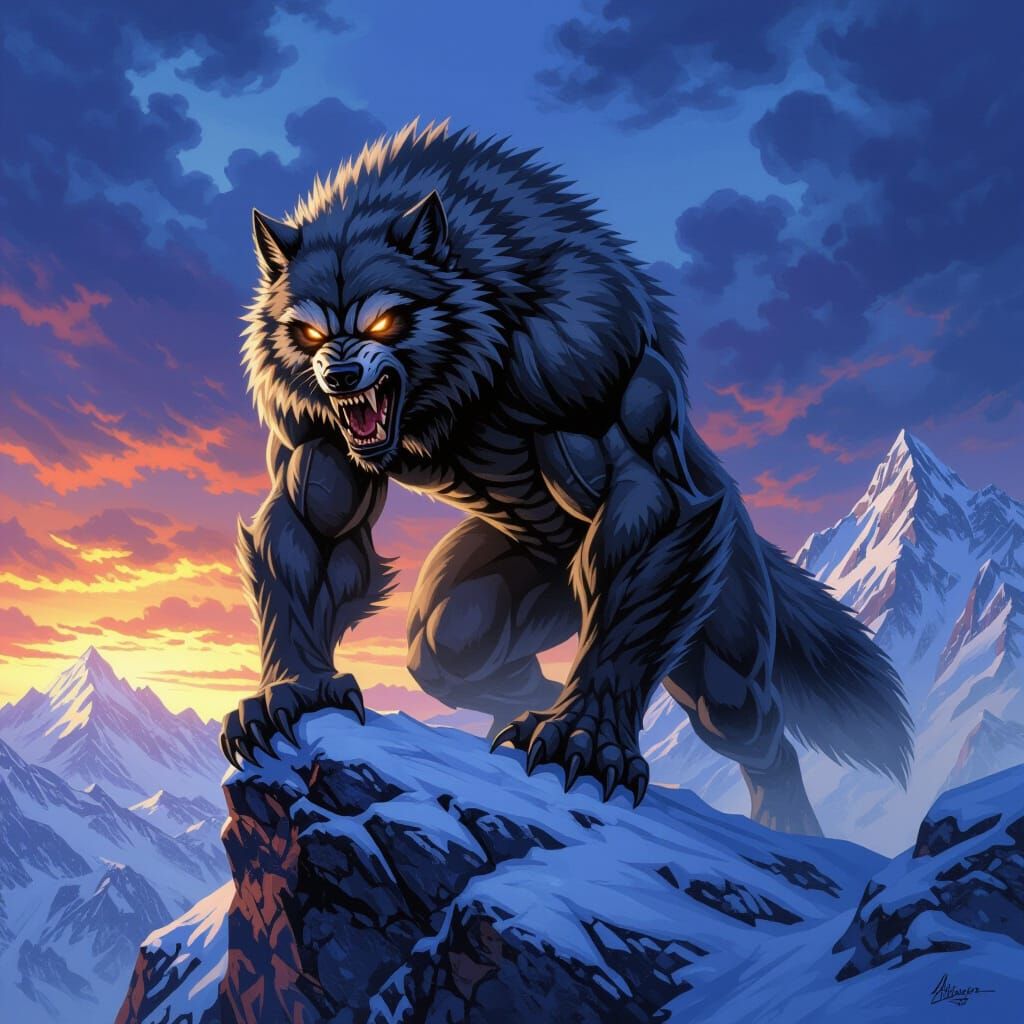 Colossal Wolverine-Wolf Hybrid on Snowy Mountain Peak