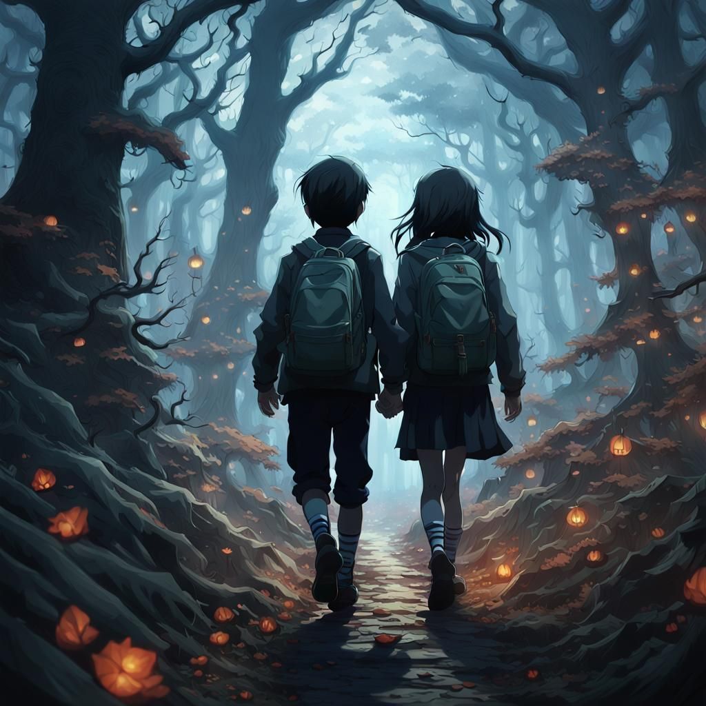 Twins in Haunted Forest: Hyperrealistic Anime Art