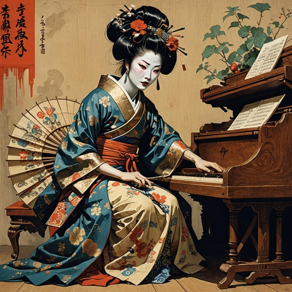 Grimacing snaggletoothed Raging Cajun Geisha playing a harps...