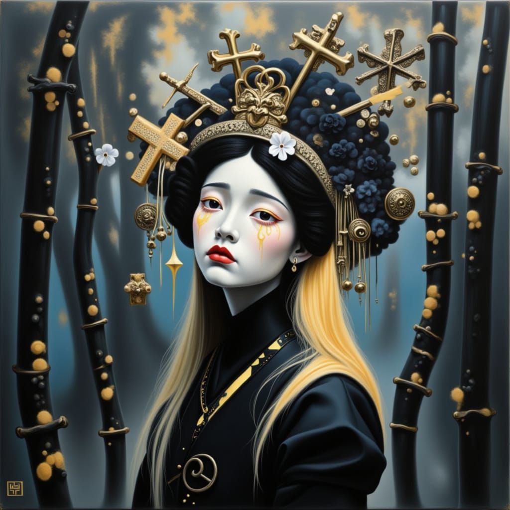 Geisha in Bamboo Forest, Digital Art in Hyperrealism Style