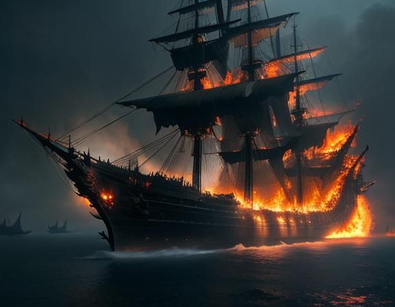 Burning Old Ship in Detailed Matte Painting Style