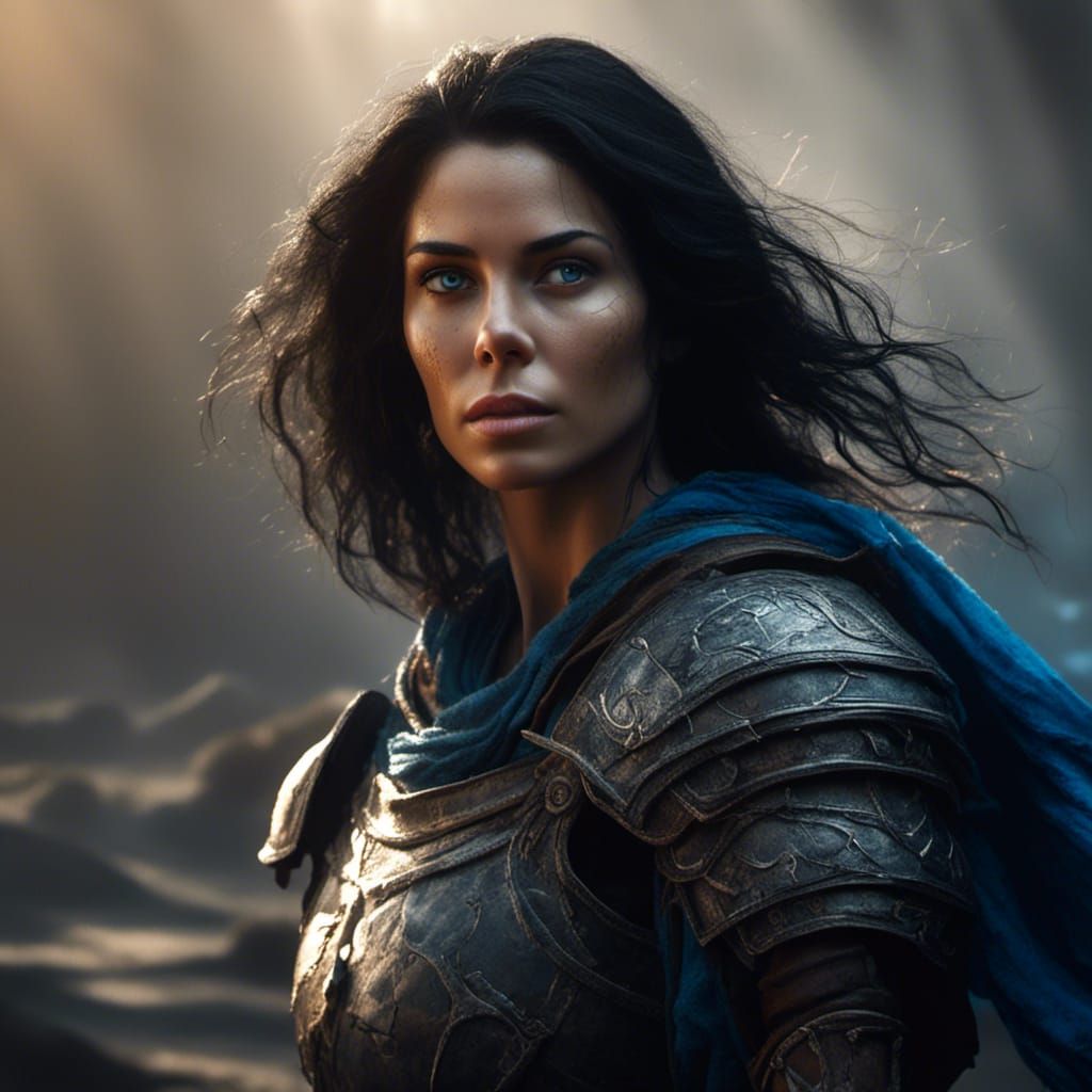 Heroic Woman with Sword and Shield in Art Nouveau Style