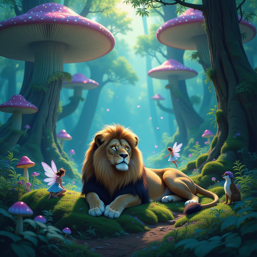 Enchanted Forest Clearing with Bioluminescent Lion