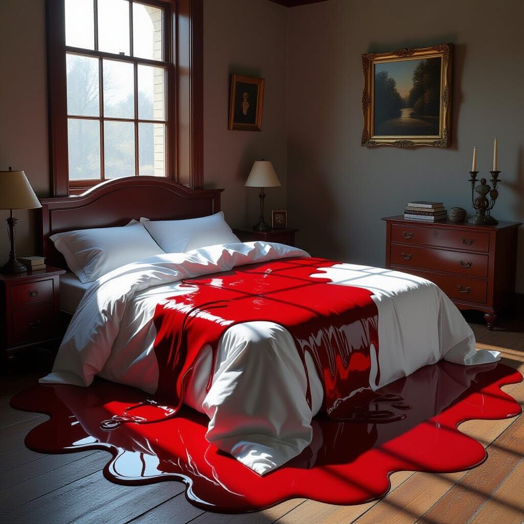 Surreal Bed Covered in Vivid Red Liquid