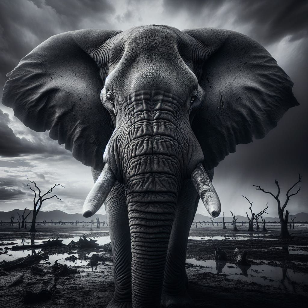 Dramatic Elephant Close-Up in Wild Landscape