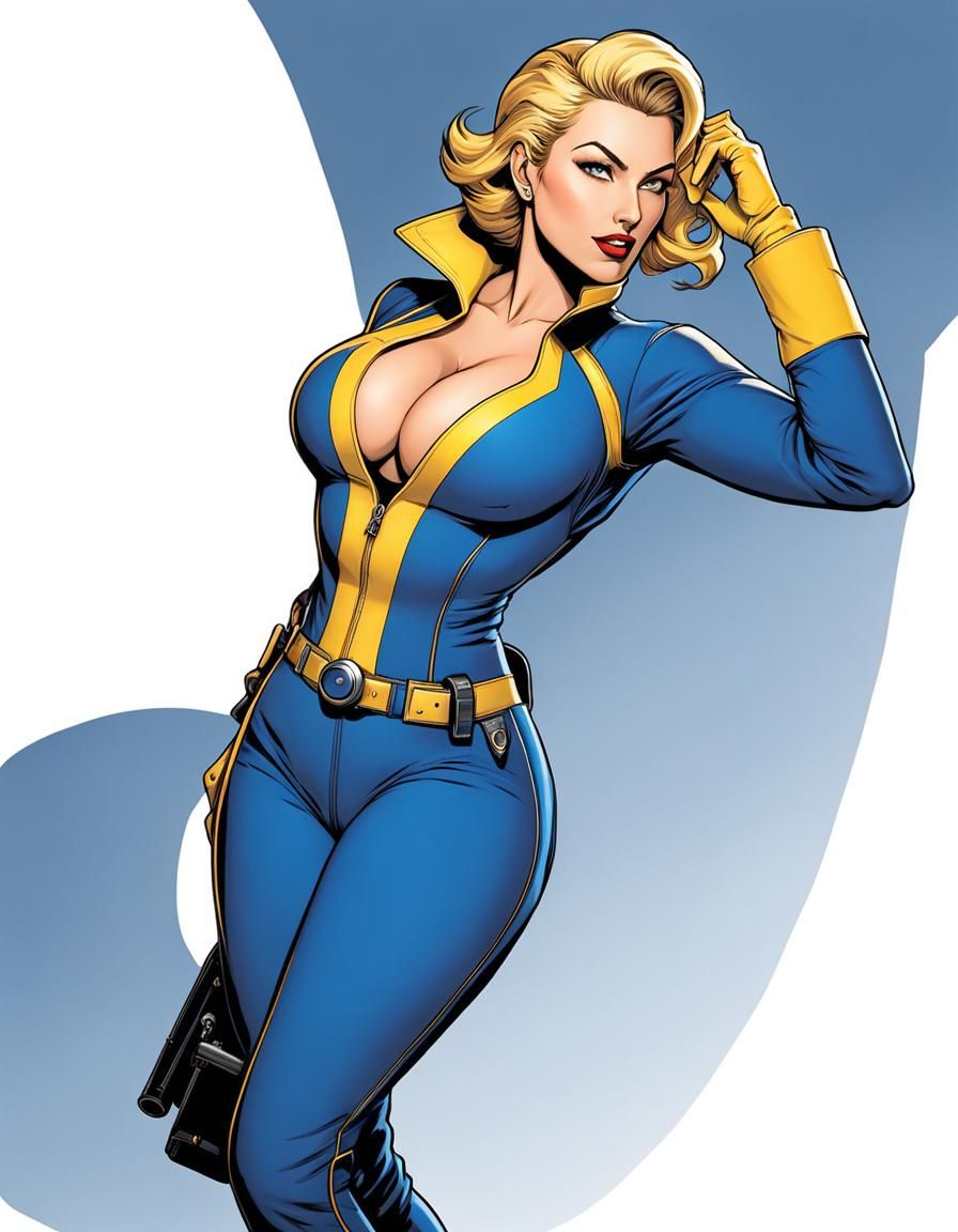 An illustration of a woman wearing a Vault-Tec jumpsuit