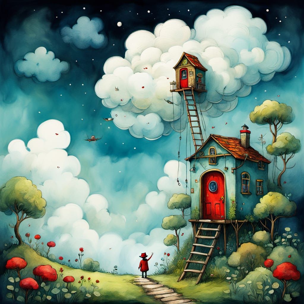 Whimsical Cloud House Illustration in Watercolor Style