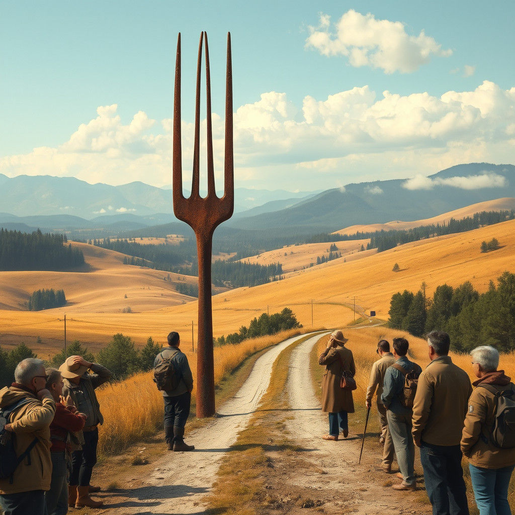 Giant Fork at Crossroads in Surreal Landscape