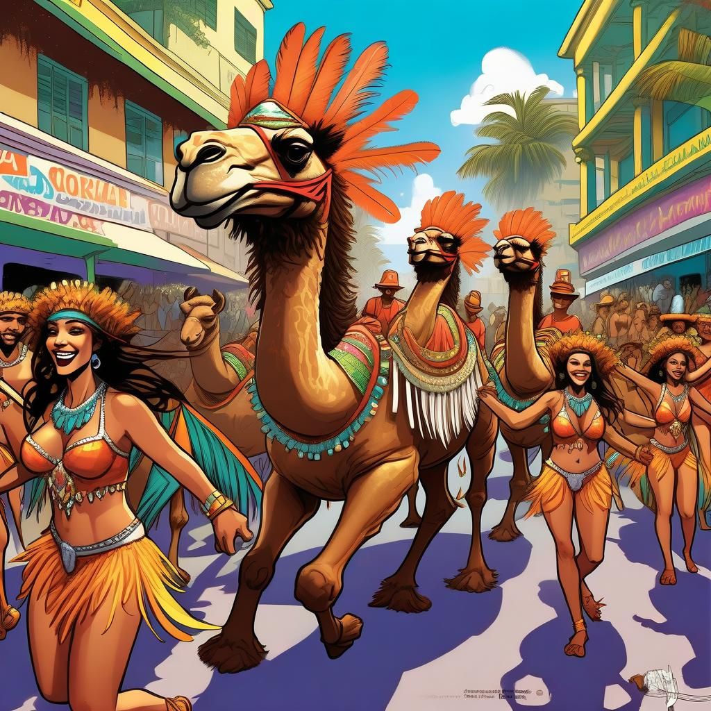 brazilian carnival parade with many happy camels, camels, camels, women dancing samba, feather headdress, Mark Brooks an...