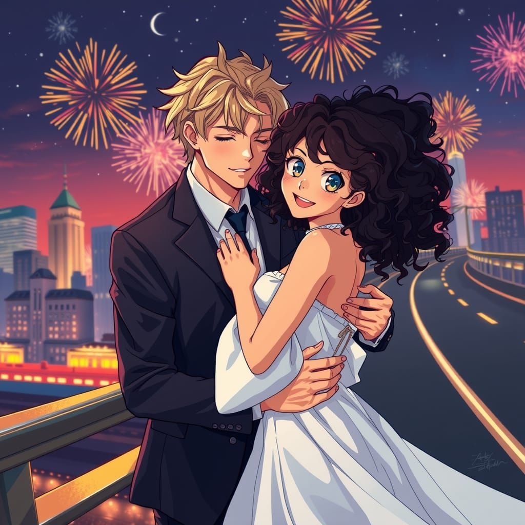 Embrace on a Bridge: Anime-Inspired Digital Painting