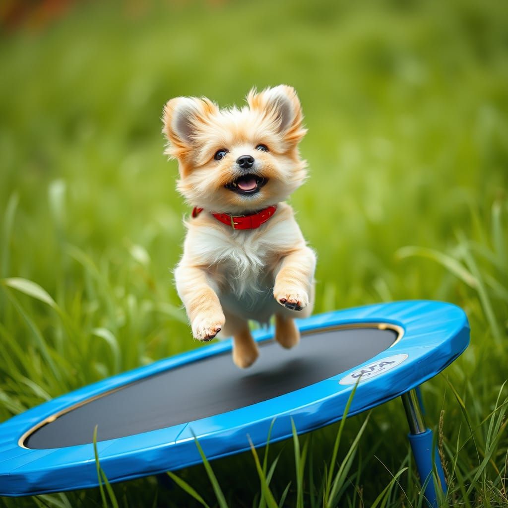 Fluffy Dog Soars High on Colorful Trampoline