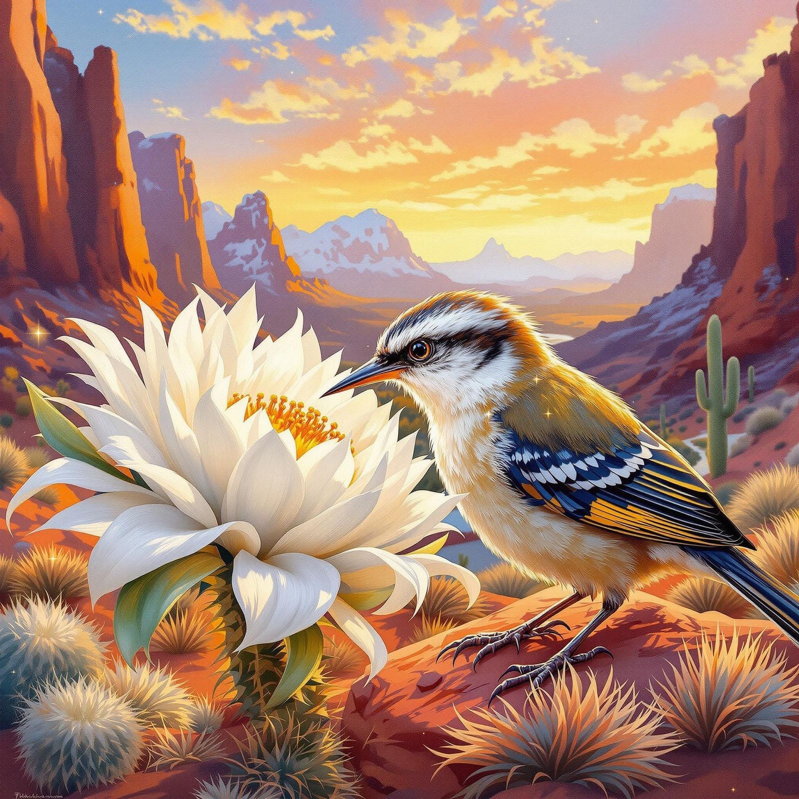 Cactus Wren in Yucca Flower, Sedona Desert Sunset